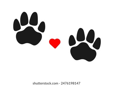 Pet footprints and the heart between them . Paw prints of dogs, cats and other animals . Concept of love for pets , grooming , rescuing or caring for animals. Vector illustration.