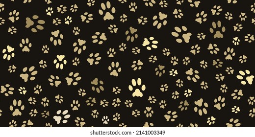 Pet footprints horizontal seamless pattern. Animal print. Gold prints of tracks of a cat, dog on a black background. Pet paw print silhouettes. Cute texture. Vector.