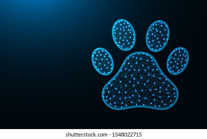 Pet footprints low poly design, cat and dog animal paw abstract geometric image, zoo wireframe mesh polygonal vector illustration made from points and lines on dark blue background