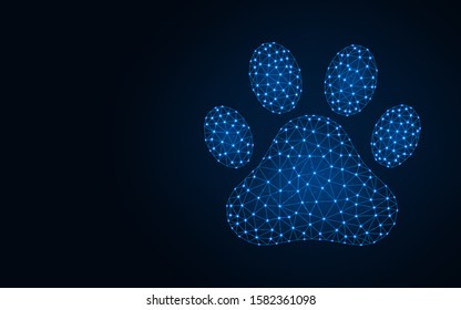 Pet footprints low poly design, cat and dog animal paw abstract geometric image, vector illustration made from points and lines on dark blue background