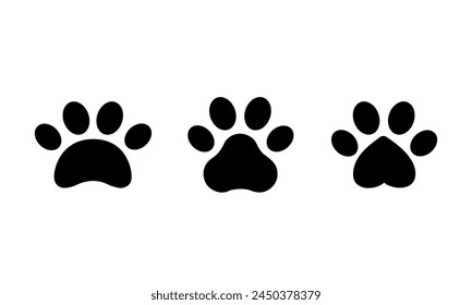 Pet footprints. Paw print. Vector cat icon, black paws, cute paw shape pattern, dog cat paw, vector
