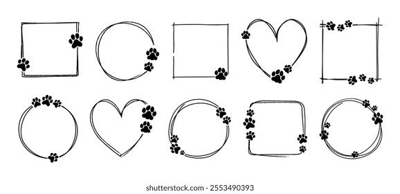 Pet frame. Cat, dog paw frames. Doodle animal footprint border. Hand drawn circle, heart, square, round shapes with walking paws. Empty bubble for animal lovers. Vector set.