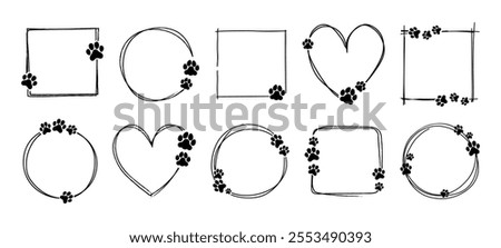Pet frame. Cat, dog paw frames. Doodle animal footprint border. Hand drawn circle, heart, square, round shapes with walking paws. Empty bubble for animal lovers. Vector set.