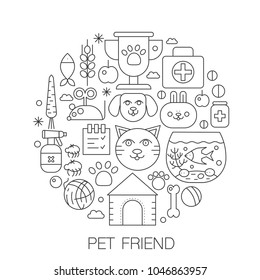 Pet friend in circle - concept line illustration for cover, emblem, badge. Pets thin line stroke icons set.