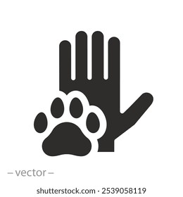 Mascota amigo humano, mano con el icono de la pata de animal, amor por un perro o gato, impresión de la pata, concepto de cuidado de mascotas, donar o ser voluntario para animales, Ilustración vectorial plana