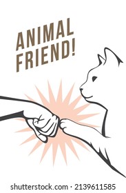 Pet Friend Poster. Fist Greeting Man And Cat