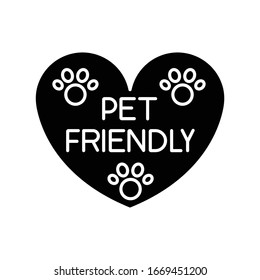 Pet friendly area sign black glyph icon. Grooming salon heart shaped logo, animals welcome zone. Cats and dogs permitted territory. Silhouette symbol on white space. Vector isolated illustration