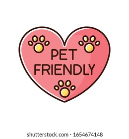 Pet friendly area sign pink RGB color icon. Grooming salon heart shaped logo, domestic animals welcome zone. Cats and dogs permitted territory logotype. Isolated vector illustration