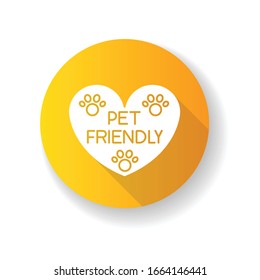 Pet friendly area sign yellow flat design long shadow glyph icon. Grooming salon heart shaped logo, animals welcome zone. Cats and dogs permitted territory. Silhouette RGB color illustration