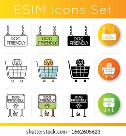 Pet friendly areas icons set. Four-legged friends welcome shops and houses. Domestic animals allowed parks and supermarkets. Linear, black and RGB color styles. Isolated vector illustrations