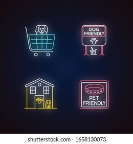 Pet friendly areas neon light icons set. Four-legged friends welcome shops and houses. Animals allowed parks and supermarkets. Signs with outer glowing effect. Vector isolated RGB color illustrations