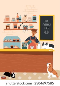 Pet friendly cafe concept. Barista at the bar with dogs and cats.