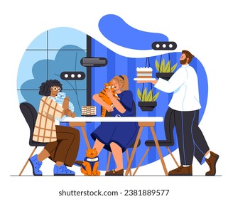 Pet friendly cafe concept. Women sitting at table with cat. Waiter with tray of cake. Comfort and coziness in catering. Cartoon flat vector illustration isolated on white background