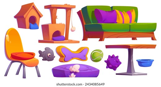 Pet friendly cafe design elements set isolated on white background. Vector cartoon illustration of coffee shop interior furniture, animal house and toys, table and chair, couch with color cushions