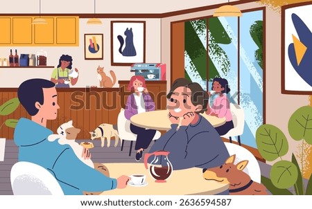 Pet friendly cafe. Pets owners drink coffee lunch in pet-friendly restaurant shop or hotel cozy interior, people on chair with puppy dog kitten cat food classy vector illustration original artwork