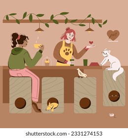Pet friendly cafe or restaurant with girls of different races, dogs, cats and other animals. Vector flat characters illustrations for web design