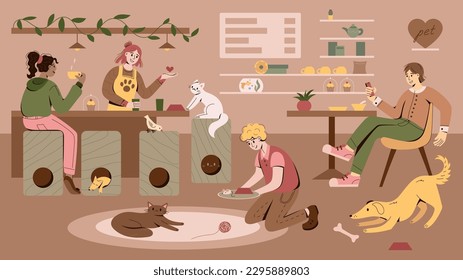 Haustier freundliches Café oder Restaurant mit Menschen Besucher, Hunde, Katzen und andere Tiere. Illustrationen mit Vektorflachen Zeichen für Webdesign