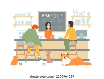 Pet-freundliche Café-Szene. Flache Illustration von süßen Hunden und ihren Besitzern, die sich im gemütlichen Café erholen. Vektor 10 EPS.