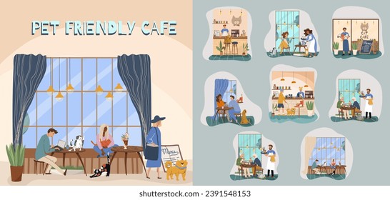 Pet friendly cafe vector set illustrations, characters cartoon people, animals, cats, dogs. Small business art.