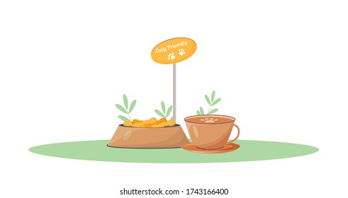 Pet friendly coffee shop cartoon vector illustration. Domestic animal allowed in cafe. Dog entry welcome to establishment. Bowl with treat flat color object. Coffee cup isolated on white background