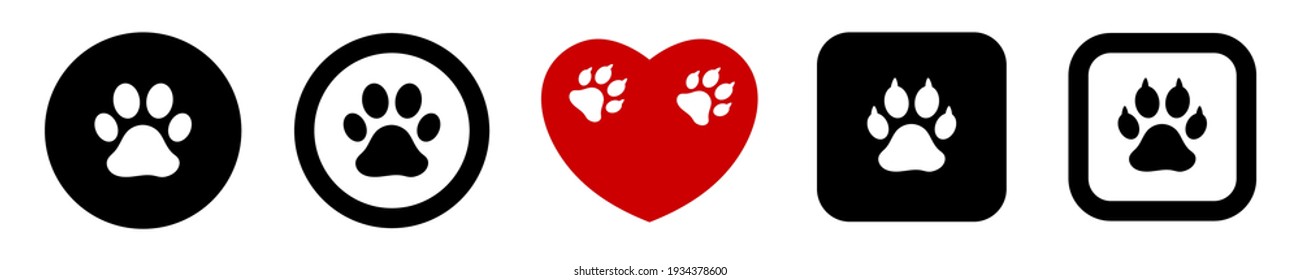 Pet friendly - collection of icons with cat and dog footprint. Products for domestic animals logo. Vector set