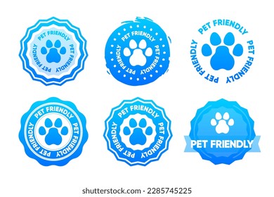 Pet friendly. Collection stamps pet paw or dog. Pet paw icon. Vet clinic, shop label, sticker, logo. Vector illustration.