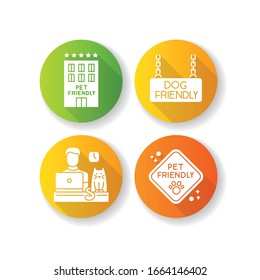 Pet friendly companies flat design long shadow glyph icons set. Four-legged friends allowed hotels and offices. Animals welcome, cats and dogs permitted. Silhouette RGB color illustration