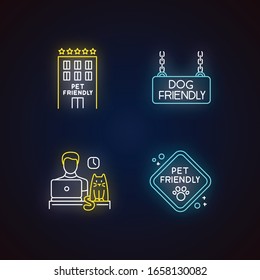 Pet friendly companies neon light icons set. Four-legged friends allowed hotels and offices. Cats and dogs permitted. Signs with outer glowing effect. Vector isolated RGB color illustrations