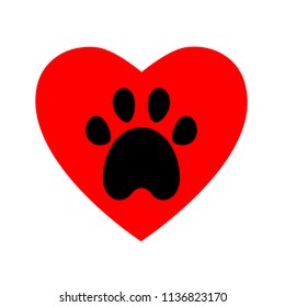 Pet friendly concept. Red heart with paw print symbol flat design vector illustration.