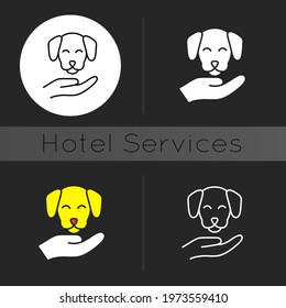 Pet friendly dark theme icon. Hotels which offer range of amenities designed to pet owners and their little friends. Linear white, simple glyph and RGB color styles. Isolated vector illustrations