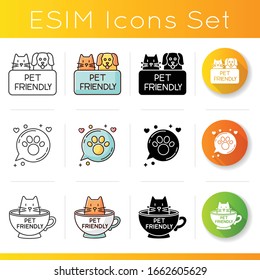 Pet friendly emblems icons set. Four-legged friends allowed territories, kitty and doggy permitted, welcome public places. Linear, black and RGB color styles. Isolated vector illustrations