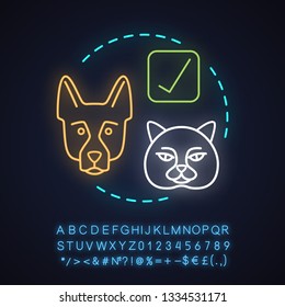 Pet friendly establishments neon light concept icon. Animal welfare idea. Glowing sign with alphabet, numbers and symbols. Vector isolated illustration