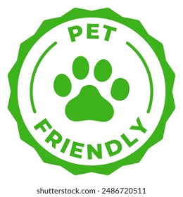 Pet friendly green label. Animal friendly icon vector illustration. Dogs and cats allowed green emblem badge, sign, symbol, stamp or seal. Animal paw circle logotype isolated.