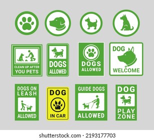 Pet friendly green yellow signs set vector illustration. Dogs allowed play zone signboard circle and rectangle board. Puppy doggy pedigree domestic animals welcome greeting logotype care service