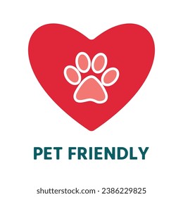 Pet friendly greeting or informational sign, label, sticker. Pink animal paw print in red heart