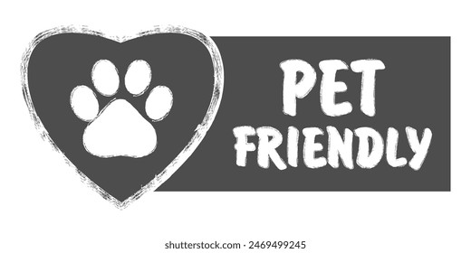 Pet friendly grunge stamp, gray isolated on white background, vector illustration.  Animal paw print on heart vector illustration for your web site design, app, UI.  Pet Friendly sign. EPS10.