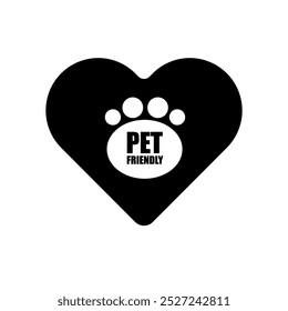 Pet friendly icon. Black heart with paw. Bold text inside paw print. Simple vector symbol.