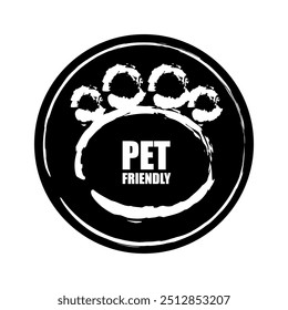 Pet friendly icon. Paw print emblem. Black and white design. Bold vector art.
