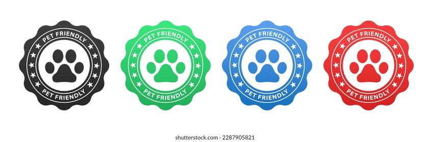 Pet friendly icon. Pets allowed, Certifie isolated on white background. Dog track inside circle. Vet clinic, shop label, sticker, logo. Stamp or sticker with pet friendly text. Vector illustration