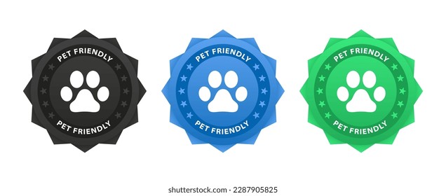 Pet friendly icon. Pets allowed, Certifie isolated on white background. Dog track inside circle. Vet clinic, shop label, sticker, logo. Stamp or sticker with pet friendly text. Vector illustration