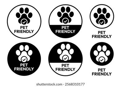 Pet Friendly icon set. Pet Friendly logo, label, sign, badge, symbol, banner, line, flat vector, isolated illustration. Pet Friendly label for product packaging design. Dogs and cats allowed sign.