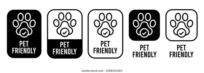 Pet Friendly icon set. Pet Friendly logo, label, sign, badge, symbol, banner, line, flat vector, isolated illustration. Pet Friendly label for product packaging design. Dogs and cats allowed sign.