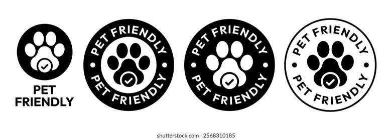 Pet Friendly icon set. Pet Friendly logo, label, sign, badge, symbol, banner, line, flat vector, isolated illustration. Pet Friendly label for product packaging design. Dogs and cats allowed sign.