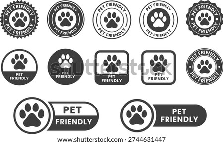 Pet Friendly icon set. Pet Friendly logo, label, sign, badge, symbol, banner, line, flat vector, isolated illustration. Pet Friendly label for product packaging design. Dogs and cats allowed sign.