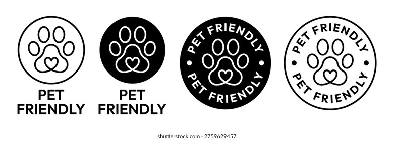 Pet Friendly icon set. Vet approved, Veterinary diet, Veterinarian approved icons. Pet Friendly logo, label, sign, badge, symbol, line, flat vector, isolated illustration. Dogs and cats allowed sign.