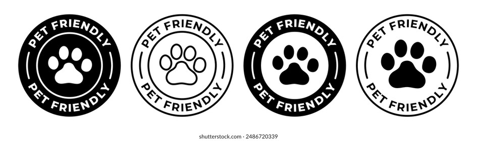 Pet friendly label. Animal friendly icon vector illustration. Dogs and cats allowed emblem, badge, sign, symbol, stamp or seal. Animal paw circle logotype isolated.