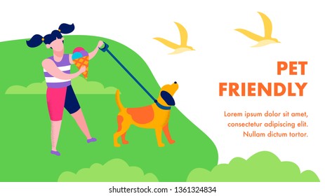 Pet Friendly Landing Page with Place for Text Flat Natural Style Girl Eating Ice Cream Cone Walking Puppy Countryside Scene Vector Cartoon Illustration Domestic Animal Care Family Open Air Recreation