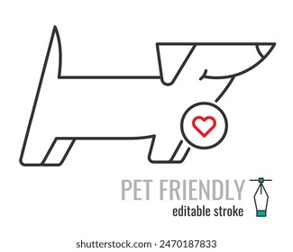 Pet Friendly line icon. pet care symbol. Dog Love Heart with cute smiling dog pictogram. Pets allowed public places sign. Vector graphics illustration EPS 10. Editable stroke.