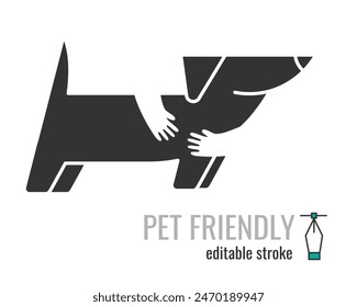 Pet Friendly line icon. pet care symbol. Dog with hugging hands pictogram. Pets allowed public places sign. Vector graphics illustration EPS 10. Editable stroke