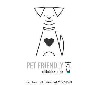 Pet Friendly line icon. pet care symbol. Dog Love Heart with cute smiling dog pictogram. Pets allowed public places sign. Vector graphics illustration EPS 10. Editable stroke.